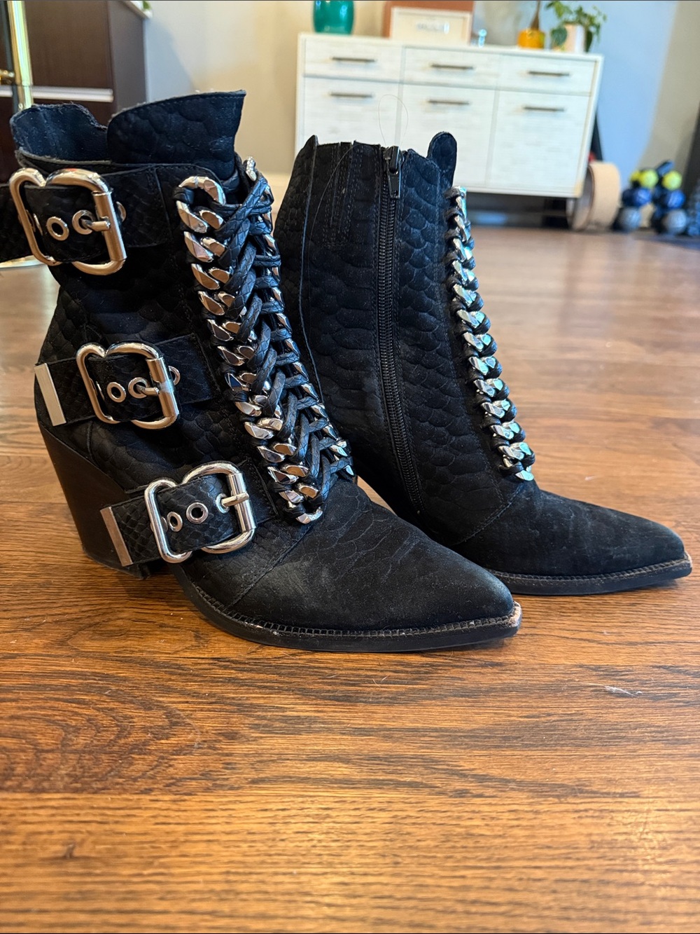 Jeffrey Campbell Black Lace-Up Ankle Boots with Silver Chain Trim - Picture 2 of 3